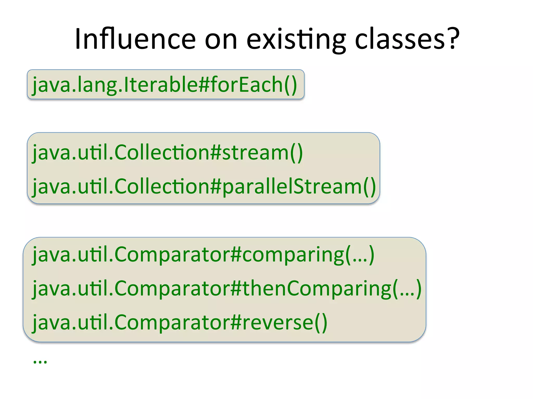 Influence 
on 
exisEng 
classes? 
java.lang.Iterable#forEach() 
java.uEl.CollecEon#stream() 
java.uEl.CollecEon#parallelStream() 
java.uEl.Comparator#comparing(…) 
java.uEl.Comparator#thenComparing(…) 
java.uEl.Comparator#reverse() 
… 
 
