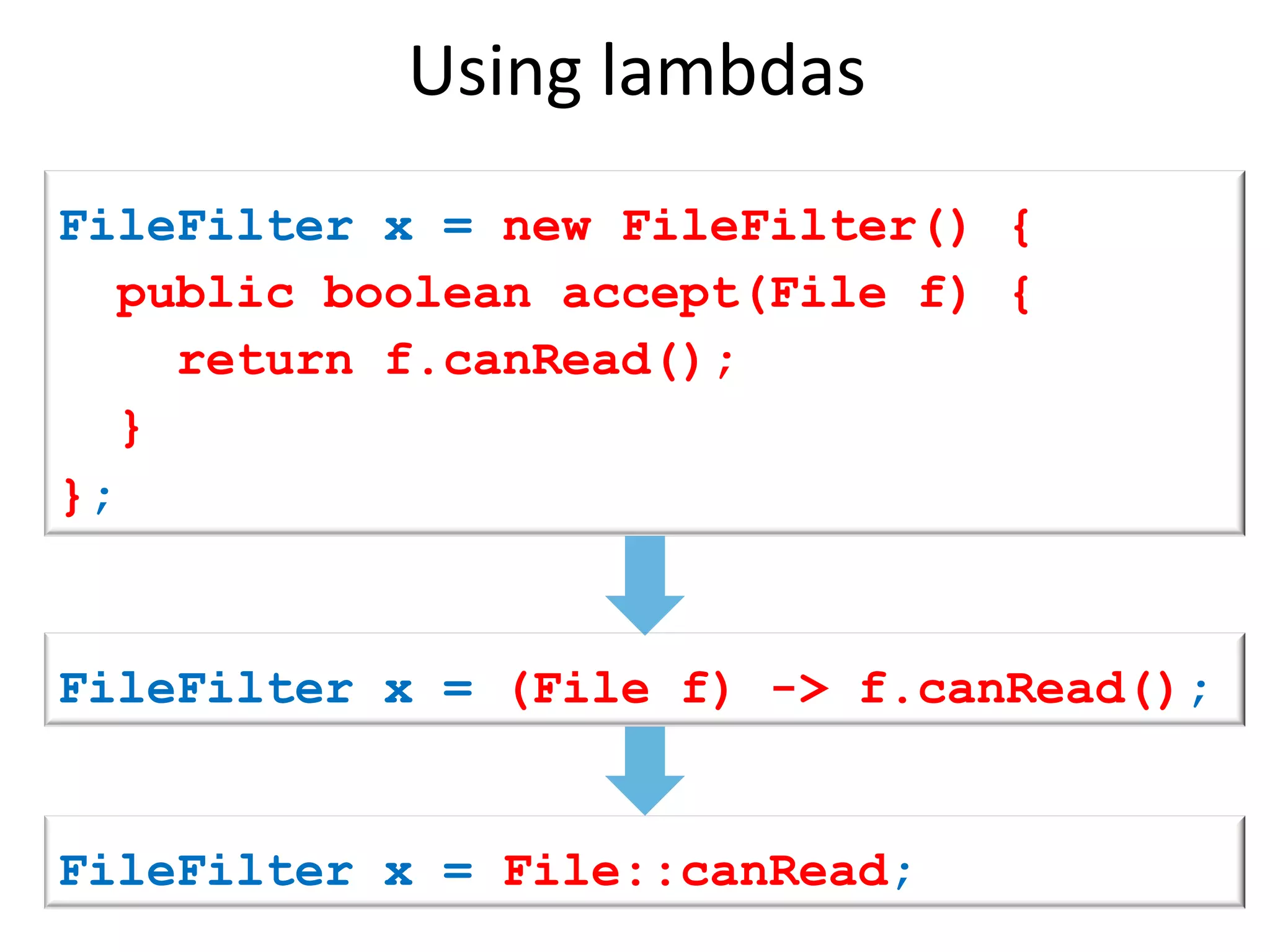 Using 
lambdas 
FileFilter x = new FileFilter() { 
public boolean accept(File f) { 
return f.canRead(); 
} 
}; 
FileFilter x = (File f) -> f.canRead(); 
FileFilter x = File::canRead; 
 