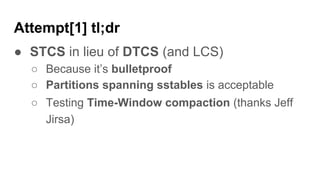 Attempt[1] tl;dr
● STCS in lieu of DTCS (and LCS)
○ Because it’s bulletproof
○ Partitions spanning sstables is acceptable
○ Testing Time-Window compaction (thanks Jeff
Jirsa)
 