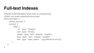 Full-text Indexes
CREATE CUSTOM INDEX email_index on emails(lucene)
USING 'com.stratio.cassandra.lucene.Index'
WITH OPTIONS = {
'refresh_seconds':'1',
'schema': '{
fields: {
id : {type : "integer"},
user : {type : "string"},
subject : {type : "text", analyzer : "english"},
body : {type : "text", analyzer : "english"},
time : {type : "date", pattern : "yyyy-MM-dd hh:mm:ss"}
}
}'
};
 