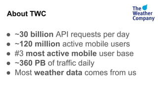 About TWC
● ~30 billion API requests per day
● ~120 million active mobile users
● #3 most active mobile user base
● ~360 PB of traffic daily
● Most weather data comes from us
 