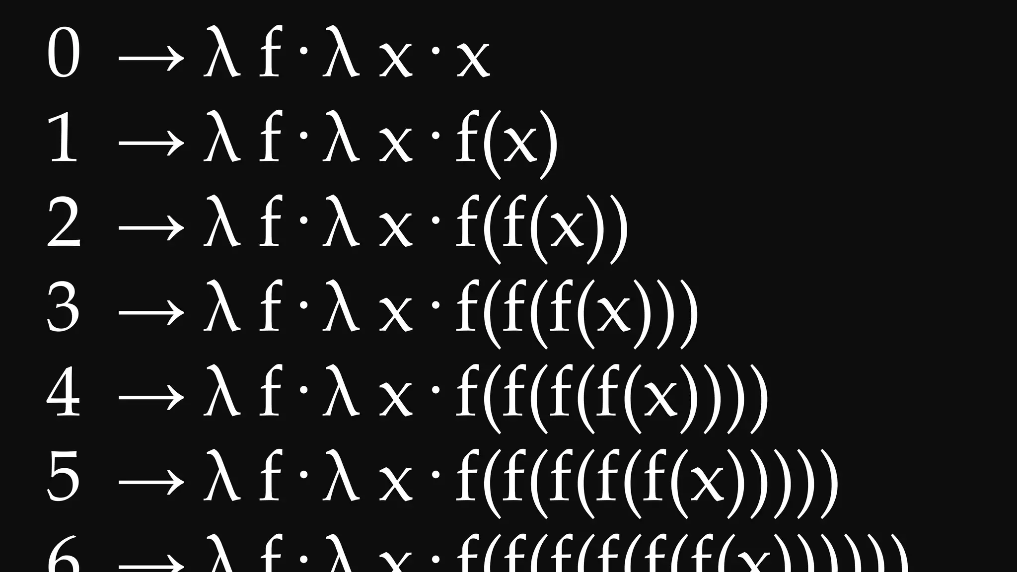 _0 = f => x => x
_1 = f => x => f(x)
_2 = f => x => f(f(x))
_3 = f => x => f(f(f(x)))
_4 = f => x => f(f(f(f(x))))
_5 = f => x => f(f(f(f(f(x)))
 