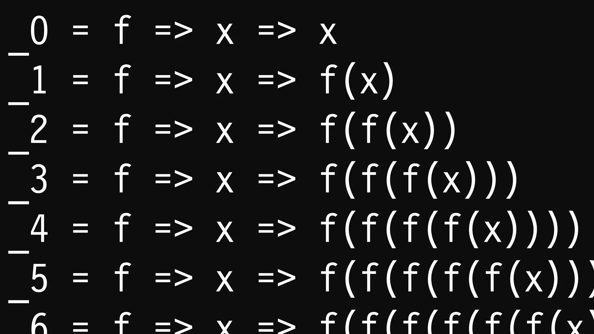 _0 = f => x => x
_1 = succ(_0)
_2 = succ(_1)
_3 = succ(_2)
_4 = succ(_3)
_5 = succ(_4)
 