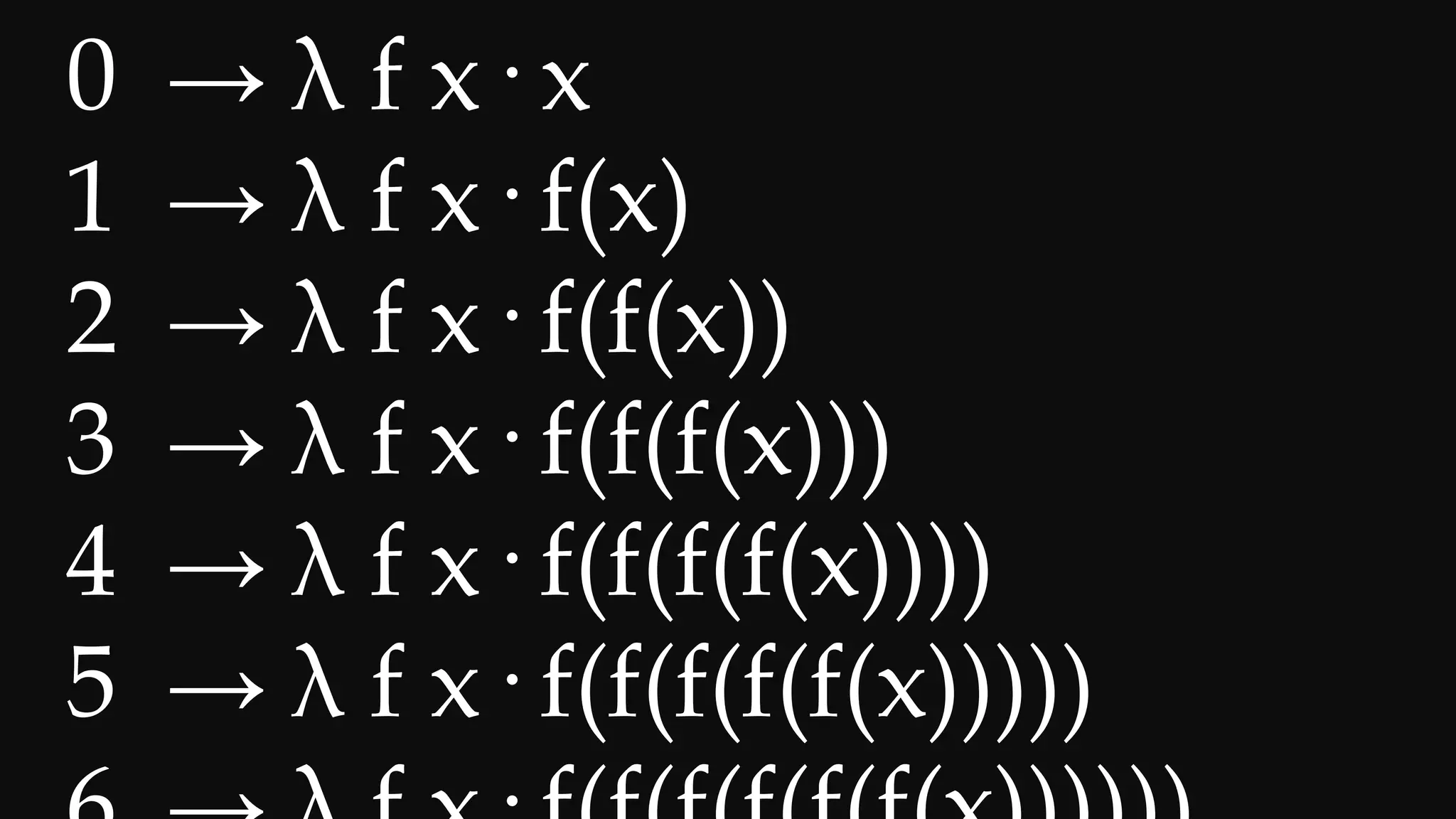 0 → λ f x· x
1 → λ f x· f(x)
2 → λ f x· f(f(x))
3 → λ f x· f(f(f(x)))
4 → λ f x· f(f(f(f(x))))
5 → λ f x· f(f(f(f(f(x)))))
 