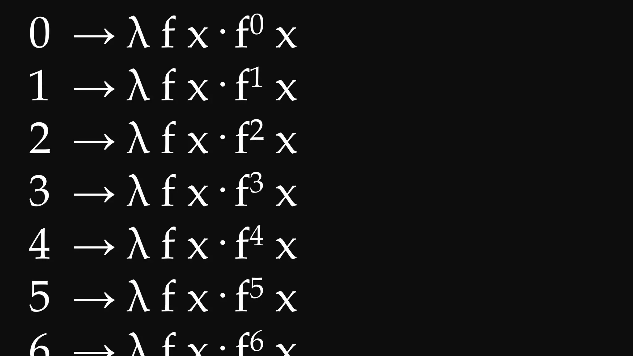 0 → λ f x· f0 x
1 → λ f x· f1 x
2 → λ f x· f2 x
3 → λ f x· f3 x
4 → λ f x· f4 x
5 → λ f x· f5 x
6
 