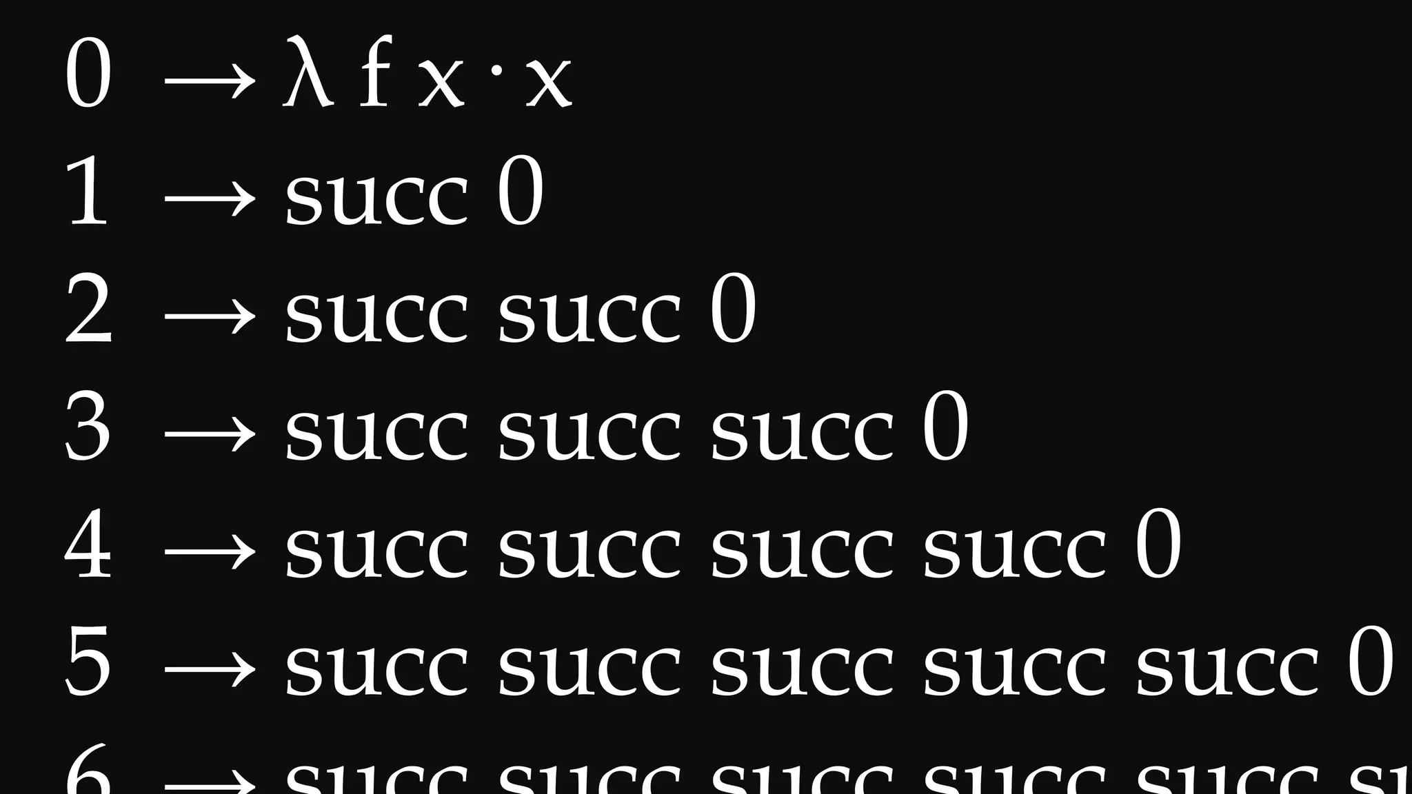 0
1
2
3
4
5
0 → λ f x· x
1 → succ 0
2 → succ succ 0
3 → succ succ succ 0
4 → succ succ succ succ 0
5 → succ succ succ succ succ 0
 