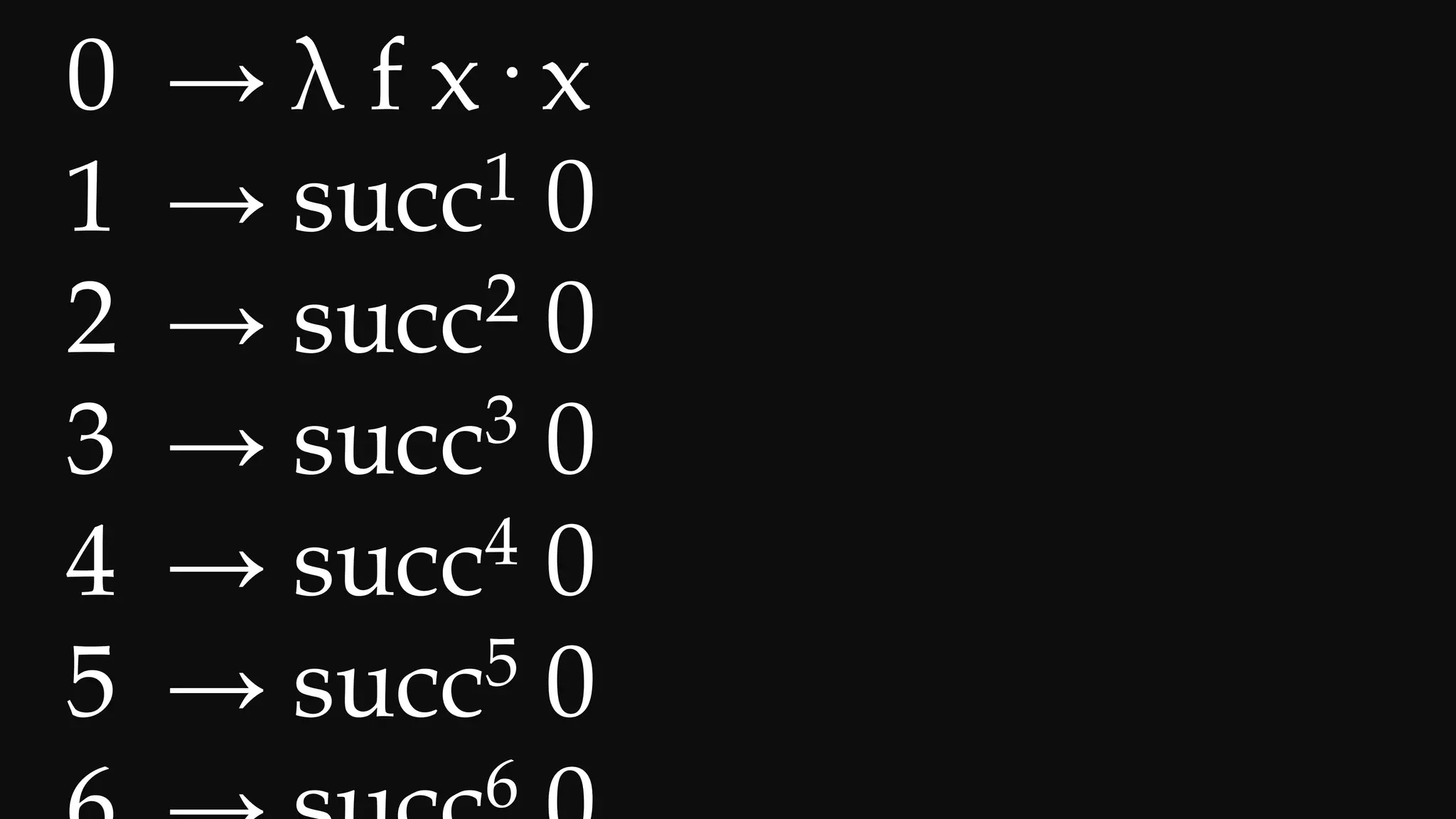 0 → λ f x· x
1 → succ1 0
2 → succ2 0
3 → succ3 0
4 → succ4 0
5 → succ5 0
6
 