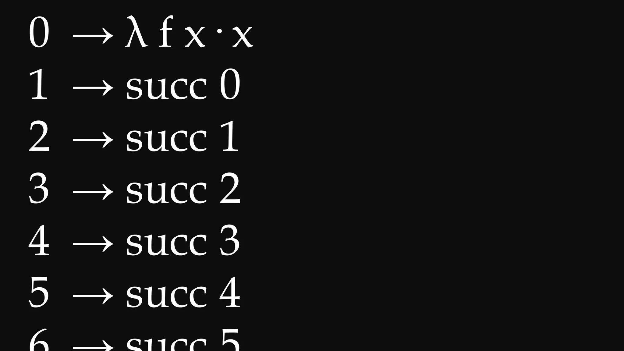 0 → λ f x· x
1 → succ 0
2 → succ 1
3 → succ 2
4 → succ 3
5 → succ 4
 