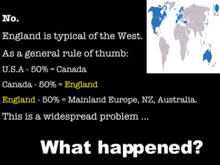 No.   England is typical of the West. As a general rule of thumb: U.S.A - 50% = Canada Canada - 50% =  England England  - 50% = Mainland Europe, NZ, Australia. This is a widespread problem … What happened? 