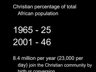 Christian percentage of total African population 1965 - 25 2001 - 46 8.4 million per year (23,000 per day)  join the Christian community by birth or conversion 