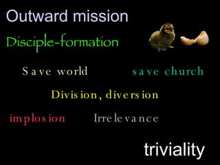 Outward mission  Disciple-formation Save world  save church Division, diversion implosion Irrelevance triviality 