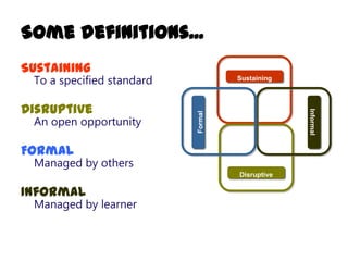 Some definitions...
Sustaining
 To a specified standard            Sustaining



Disruptive




                                                 Informal
                           Formal
 An open opportunity

Formal
 Managed by others
                                    Disruptive

Informal
 Managed by learner
 