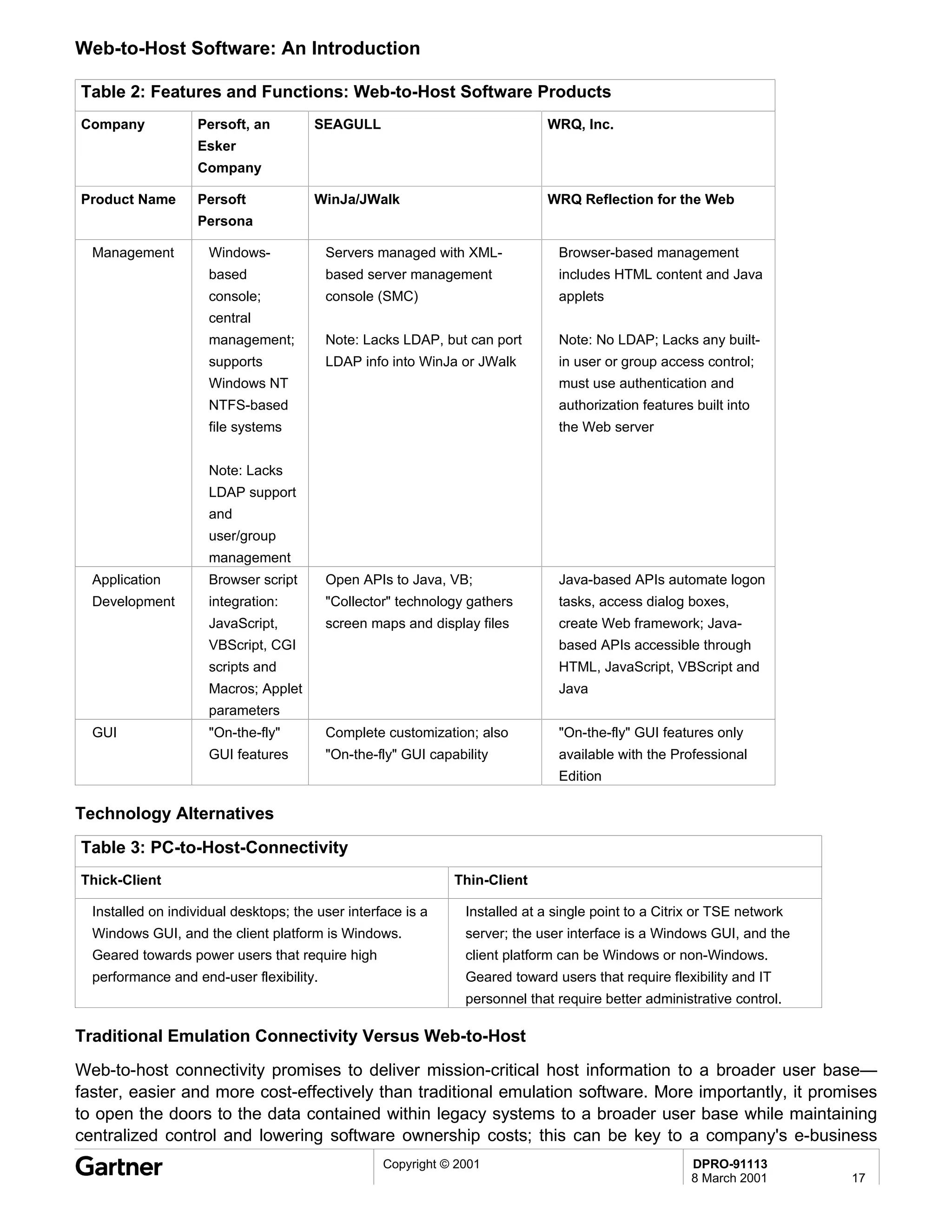 Web-to-Host Software: An Introduction

Table 2: Features and Functions: Web-to-Host Software Products
Company            Persoft, an         SEAGULL                                WRQ, Inc.
                   Esker
                   Company

Product Name       Persoft             WinJa/JWalk                            WRQ Reflection for the Web
                   Persona

  Management         Windows-             Servers managed with XML-             Browser-based management
                     based                based server management               includes HTML content and Java
                     console;             console (SMC)                         applets
                     central
                     management;          Note: Lacks LDAP, but can port        Note: No LDAP; Lacks any built-
                     supports             LDAP info into WinJa or JWalk         in user or group access control;
                     Windows NT                                                 must use authentication and
                     NTFS-based                                                 authorization features built into
                     file systems                                               the Web server


                     Note: Lacks
                     LDAP support
                     and
                     user/group
                     management
  Application        Browser script       Open APIs to Java, VB;                Java-based APIs automate logon
  Development        integration:         "Collector" technology gathers        tasks, access dialog boxes,
                     JavaScript,          screen maps and display files         create Web framework; Java-
                     VBScript, CGI                                              based APIs accessible through
                     scripts and                                                HTML, JavaScript, VBScript and
                     Macros; Applet                                             Java
                     parameters
  GUI                "On-the-fly"         Complete customization; also          "On-the-fly" GUI features only
                     GUI features         "On-the-fly" GUI capability           available with the Professional
                                                                                Edition

Technology Alternatives
Table 3: PC-to-Host-Connectivity
Thick-Client                                                   Thin-Client

  Installed on individual desktops; the user interface is a      Installed at a single point to a Citrix or TSE network
  Windows GUI, and the client platform is Windows.               server; the user interface is a Windows GUI, and the
  Geared towards power users that require high                   client platform can be Windows or non-Windows.
  performance and end-user flexibility.                          Geared toward users that require flexibility and IT
                                                                 personnel that require better administrative control.

Traditional Emulation Connectivity Versus Web-to-Host
Web-to-host connectivity promises to deliver mission-critical host information to a broader user base—
faster, easier and more cost-effectively than traditional emulation software. More importantly, it promises
to open the doors to the data contained within legacy systems to a broader user base while maintaining
centralized control and lowering software ownership costs; this can be key to a company's e-business
                                                   Copyright © 2001                                    DPRO-91113
                                                                                                       8 March 2001       17
 