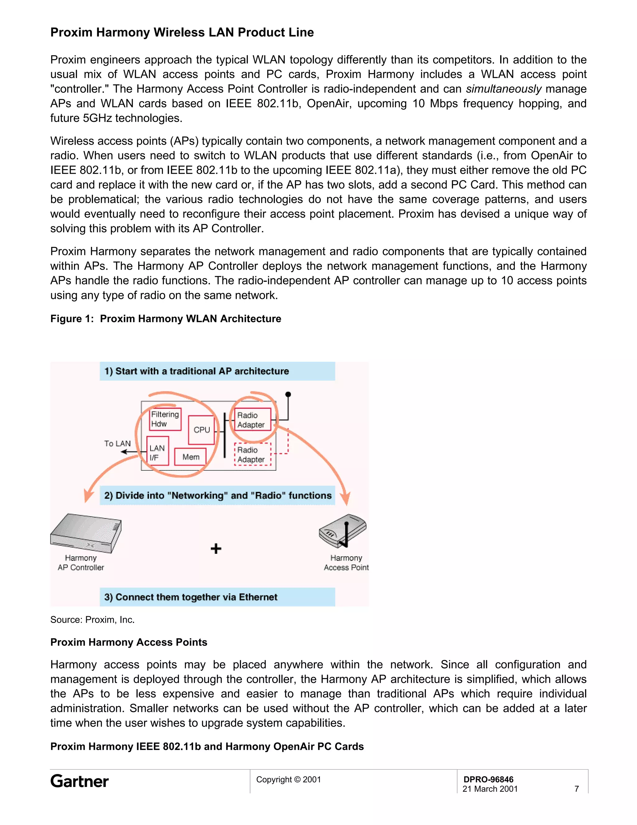Proxim Harmony Wireless LAN Product Line

Proxim engineers approach the typical WLAN topology differently than its competitors. In addition to the
usual mix of WLAN access points and PC cards, Proxim Harmony includes a WLAN access point
"controller." The Harmony Access Point Controller is radio-independent and can simultaneously manage
APs and WLAN cards based on IEEE 802.11b, OpenAir, upcoming 10 Mbps frequency hopping, and
future 5GHz technologies.
Wireless access points (APs) typically contain two components, a network management component and a
radio. When users need to switch to WLAN products that use different standards (i.e., from OpenAir to
IEEE 802.11b, or from IEEE 802.11b to the upcoming IEEE 802.11a), they must either remove the old PC
card and replace it with the new card or, if the AP has two slots, add a second PC Card. This method can
be problematical; the various radio technologies do not have the same coverage patterns, and users
would eventually need to reconfigure their access point placement. Proxim has devised a unique way of
solving this problem with its AP Controller.
Proxim Harmony separates the network management and radio components that are typically contained
within APs. The Harmony AP Controller deploys the network management functions, and the Harmony
APs handle the radio functions. The radio-independent AP controller can manage up to 10 access points
using any type of radio on the same network.

Figure 1: Proxim Harmony WLAN Architecture




Source: Proxim, Inc.

Proxim Harmony Access Points

Harmony access points may be placed anywhere within the network. Since all configuration and
management is deployed through the controller, the Harmony AP architecture is simplified, which allows
the APs to be less expensive and easier to manage than traditional APs which require individual
administration. Smaller networks can be used without the AP controller, which can be added at a later
time when the user wishes to upgrade system capabilities.

Proxim Harmony IEEE 802.11b and Harmony OpenAir PC Cards


                                       Copyright © 2001                        DPRO-96846
                                                                               21 March 2001         7
 