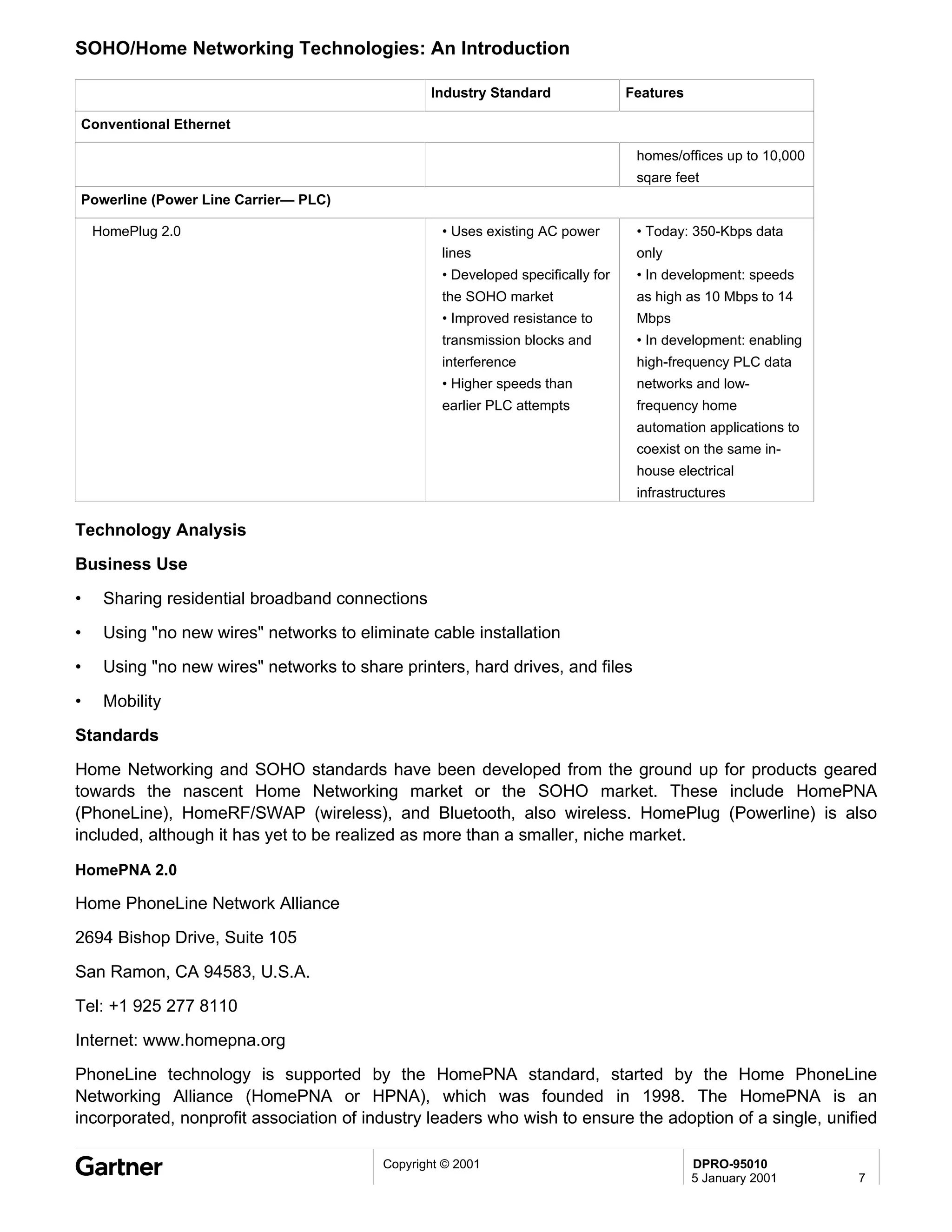 SOHO/Home Networking Technologies: An Introduction

                                                 Industry Standard                Features

Conventional Ethernet

                                                                                   homes/offices up to 10,000
                                                                                   sqare feet
Powerline (Power Line Carrier— PLC)

    HomePlug 2.0                                   • Uses existing AC power        • Today: 350-Kbps data
                                                   lines                           only
                                                   • Developed specifically for    • In development: speeds
                                                   the SOHO market                 as high as 10 Mbps to 14
                                                   • Improved resistance to        Mbps
                                                   transmission blocks and         • In development: enabling
                                                   interference                    high-frequency PLC data
                                                   • Higher speeds than            networks and low-
                                                   earlier PLC attempts            frequency home
                                                                                   automation applications to
                                                                                   coexist on the same in-
                                                                                   house electrical
                                                                                   infrastructures

Technology Analysis
Business Use

•    Sharing residential broadband connections
•    Using "no new wires" networks to eliminate cable installation
•    Using "no new wires" networks to share printers, hard drives, and files

•    Mobility
Standards
Home Networking and SOHO standards have been developed from the ground up for products geared
towards the nascent Home Networking market or the SOHO market. These include HomePNA
(PhoneLine), HomeRF/SWAP (wireless), and Bluetooth, also wireless. HomePlug (Powerline) is also
included, although it has yet to be realized as more than a smaller, niche market.

HomePNA 2.0

Home PhoneLine Network Alliance
2694 Bishop Drive, Suite 105

San Ramon, CA 94583, U.S.A.
Tel: +1 925 277 8110
Internet: www.homepna.org
PhoneLine technology is supported by the HomePNA standard, started by the Home PhoneLine
Networking Alliance (HomePNA or HPNA), which was founded in 1998. The HomePNA is an
incorporated, nonprofit association of industry leaders who wish to ensure the adoption of a single, unified

                                          Copyright © 2001                                   DPRO-95010
                                                                                             5 January 2001     7
 