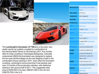 Manufacturer Automobili Lamborghini
                                                                                S.p.A
                                                                  Also called   LP 700–4

                                                                  Production    2011–present

                                                                  Assembly      Sant'Agata Bolognese, Italy

                                                                  Predecessor   Lamborghini Murciélago

                                                                  Class         Sports car

                                                                  Body style    2-door coupé

                                                                  Layout        Mid-engine, four-wheel
                                                                                drive
                                                                  Engine        6.5 L L539 V12

                                                                  Transmission 7-speed ISR Automated
                                                                                Manual

The Lamborghini Aventador LP 700–4 is a two-door, two-            Wheelbase     2,700 mm (106.30 in)
seater sports car publicly unveiled by Lamborghini at             Length        4,780 mm (188.19 in)
the Geneva Motor Show on 28 February 2011, five months
after its initial unveiling in Sant'Agata Bolognese. Internally   Width         2,030 mm (79.92 in)
codenamed LB834,the Aventador was designed to replace                           (w/mirrors: 2,265 mm
the ten-year-old Murciélago as the new flagship model in the                    (89.17 in)) [1]
Lamborghini lineup starting in 2011. Soon after the Aventador     Height        1,136 mm (44.72 in)
unveiling, Lamborghini announced that it had already sold
                                                                  Curb weight   1,575 kg (3,470 lb) (dry)
over 12 months of the production vehicles, with deliveries
starting in the second half of 2011.] The suggested retail        Related       Lamborghini Sesto
price is €255,000 in Europe, GB£201,900 in the UK and                           Elemento
US$379,700 in the U.S.
                                                                  Designer(s)   Filippo Perini
 