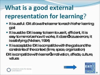 What is a good external representation for learning ? It is useful: – it allows the learner to reach his/her learning goal It is usable: – it is easy to learn to use it, efficient, it is easy to memorize how it works, it doesn’t cause errors, it is satisfying (Nielsen, 1994) It is acceptable: – it is compatible with the goals and the constraints of the context (time, space, organization) –  it is compatible with learner’s motivation, affects, culture, values 