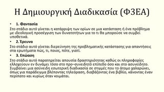Η Δημιουργική Διαδικασία (Φ3ΕΑ)
• 1. Φαντασία
Στο στάδιο αυτό γίνεται η κατάρριψη των ορίων σε μια κατάσταση ή ένα πρόβλημα
με ιδεολογική προσέγγιση των δυνατοτήτων για το τι θα μπορούσε να συμβεί
υποθετικά.
• 2. Έρευνα
Στο στάδιο αυτό γίνεται διερεύνηση της προβληματικής κατάστασης για απαντήσεις
στα ερωτήματα πώς, τι, ποιος, πότε, γιατί.
• 3. Επώαση
Στο στάδιο αυτό παρατηρείται απουσία δραστηριότητας καθώς οι πληροφορίες
ελλοχεύουν εν δυνάμει τόσο στο προ–συνειδητό επίπεδο όσο και στο ασυνείδητο.
Συμβαίνει μια ασύνειδη εσωτερική διαδικασία σε στιγμές που το άτομο χαλαρώνει,
όπως για παράδειγμα βλέποντας τηλεόραση, διαβάζοντας ένα βιβλίο, κάνοντας έναν
περίπατο και κυρίως όταν κοιμάται.
 