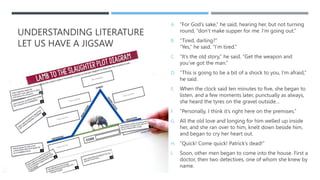 UNDERSTANDING LITERATURE
LET US HAVE A JIGSAW
A. “For God’s sake,” he said, hearing her, but not turning
round, “don’t mak...