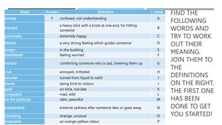 FIND THE
FOLLOWING
WORDS AND
TRY TO WORK
OUT THEIR
MEANING.
JOIN THEM TO
THE
DEFINITIONS
ON THE RIGHT.
THE FIRST ONE
HAS B...