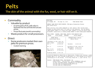  Commodity
 Valuable by-product
▪ In some parts of US, pelt value is
factored into live animal and carcass
prices.
▪ Prices fluctuate (world commodity)
 Waste product for small processors.
 Direct
 Some producers market their own
pelts for premium prices.
▪ Custom tanning
 