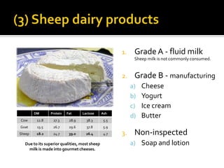 1. Grade A - fluid milk
Sheep milk is not commonly consumed.
2. Grade B - manufacturing
a) Cheese
b) Yogurt
c) Ice cream
d) Butter
3. Non-inspected
a) Soap and lotionDue to its superior qualities, most sheep
milk is made into gourmet cheeses.
DM Protein Fat Lactose Ash
Cow 12.8 27.3 28.9 38.3 5.5
Goat 13.5 26.7 29.6 37.8 5.9
Sheep 18.2 24.7 39.0 26.4 4.7
 