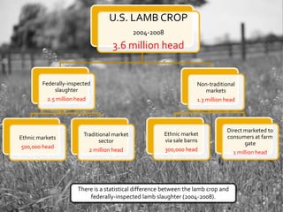 U.S. LAMB CROP
2004-2008
3.6 million head
Federally-inspected
slaughter
2.5 million head
Ethnic markets
500,000 head
Traditional market
sector
2 million head
Non-traditional
markets
1.3 million head
Ethnic market
via sale barns
300,000 head
Direct marketed to
consumers at farm
gate
1 million head
There is a statistical difference between the lamb crop and
federally-inspected lamb slaughter (2004-2008).
 