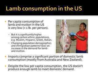  Per capita consumption of
lamb and mutton in the US
is very low (< 1 lb. per person).
 But it is significantly higher
a...