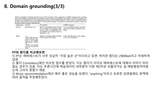 PT와 람다를 비교해보면
1) PT는 에버레스트가 너무 성급히 “가장 높은 산”이다라고 답변. 하지만 람다는 2900feet라고 자세하게
답변
2) 둘다 Consistency에선 비슷한 점수를 받았다. 이는 람다가 더이상 에버레스트에 대해서 이야기 하지
않는 경우가 있음. 이는 추론시간에 학습데이터 대부분이 다른 제3자로 되돌아가는 걸 예방했었어야했
는데 그러지 못했기 때문.
3) Music recommendation에선 매우 좋은 성능을 보였다. “anything”이라고 모호한 답변을해도 문맥에
따라 음악을 추천해주었다.
8. Domain grounding(3/3)
 