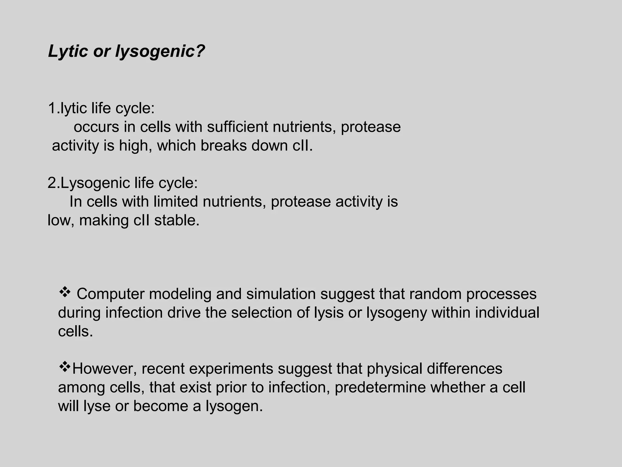Lytic or lysogenic?
1.lytic life cycle:
occurs in cells with sufficient nutrients, protease
activity is high, which breaks down cII.
2.Lysogenic life cycle:
In cells with limited nutrients, protease activity is
low, making cII stable.
Computer modeling and simulation suggest that random processes
during infection drive the selection of lysis or lysogeny within individual
cells.
However, recent experiments suggest that physical differences
among cells, that exist prior to infection, predetermine whether a cell
will lyse or become a lysogen.