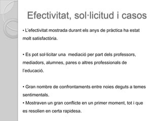 Efectivitat, sol·licitud i casos
• L’efectivitat mostrada durant els anys de pràctica ha estat

molt satisfactòria.


• Es pot sol·licitar una mediació per part dels professors,
mediadors, alumnes, pares o altres professionals de
l’educació.


• Gran nombre de confrontaments entre noies deguts a temes
sentimentals.
• Mostraven un gran conflicte en un primer moment, tot i que
es resolien en certa rapidesa.
 