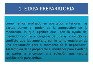 1. ETAPA PREPARATORIA
como hemos analizado en apartados anteriores, las
partes tienen el poder de la autogestión en la
mediación, lo que significa que –con la ayuda del
mediador- son las encargadas de buscar la solución al
conflicto que les aqueja, y por lo tanto requieren de
una preparación para el momento de la negociación.
Así también debe prepararse el mediador para ayudar a
las partes a encontrar una solución que resulte
satisfactoria para ambas.
 