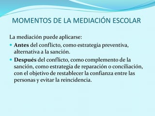 MOMENTOS DE LA MEDIACIÓN ESCOLAR
La mediación puede aplicarse:
 Antes del conflicto, como estrategia preventiva,
alternativa a la sanción.
 Después del conflicto, como complemento de la
sanción, como estrategia de reparación o conciliación,
con el objetivo de restablecer la confianza entre las
personas y evitar la reincidencia.
 