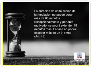 La duración de cada sesión de
la mediación no puede durar
más de 60 minutos.
Excepcionalmente y por auto
motivado, se podrá extender 45
minutos más. La fase no podrá
exceder más de un (1) mes
(Art. 43)
 
