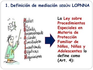 1. Definición de mediación SEGÚN LOPNNA
La Ley sobre
Procedimientos
Especiales en
Materia de
Protección
Familiar de
Niños, Niñas y
Adolescentes lo
define como
(Art. 4):
 