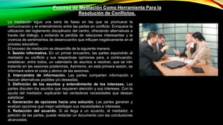 Proceso de Mediación Como Herramienta Para la
Resolución de Conflictos.
La mediación sigue una seria de fases en las que se promueve la
comunicación y el entendimiento entre las partes en conflicto. Enriquece la
utilización del reglamento disciplinario del centro, ofreciendo alternativas a
través del diálogo, y evitando la pérdida de relaciones interesantes y la
vivencia de sentimientos de desencuentro que influyan negativamente en el
proceso educativo.
El proceso de mediación se desarrolla de la siguiente manera:
1. Sesión informativa. En un primer encuentro, las partes expondrán al
mediador su conflicto y sus respectivas opiniones para, a continuación,
establecer, entre todos, un calendario de asuntos a resolver, que se irán
tratando en las sesiones posteriores. Asimismo, en esta primera sesión, se
informará sobre el coste y abono de las sesiones.
2. Intercambio de información. Las partes comparten información y
buscan alternativas posibles y/o deseadas.
3. Definición de los asuntos y entendimiento de los intereses. Las
partes discuten los asuntos que requieren atención y sus intereses. Con la
ayuda del mediador, explicarán las verdaderas necesidades que desean
satisfacer.
4. Generación de opciones hacia una solución. Las partes generan y
evalúan opciones que mejor satisfagan sus necesidades e intereses.
5. Redacción del acuerdo. Si se llega a un acuerdo, el mediador, a
petición de las partes, puede redactar un documento con las conclusiones
alcanzadas.
 