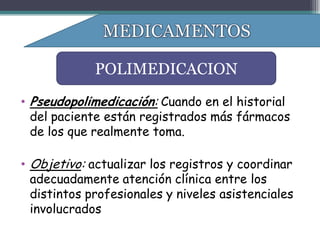 POLIMEDICACION
• Pseudopolimedicación: Cuando en el historial
  del paciente están registrados más fármacos
  de los que realmente toma.

• Objetivo: actualizar los registros y coordinar
  adecuadamente atención clínica entre los
  distintos profesionales y niveles asistenciales
  involucrados
 