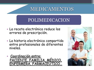 POLIMEDICACION
• La receta electrónica reduce los
  errores de prescripción.

• La historia electrónica compartida
  entre profesionales de diferentes
  niveles.

• Coordinación entre:
  PACIENTE, FAMILIA, MÉDICO,
  ENFERMERA, FARMACEÚTICO…
 