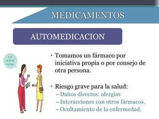 AUTOMEDICACION

   • Tomamos un fármaco por
     iniciativa propia o por consejo de
     otra persona.

   • Riesgo grave para la salud:
    – Daños directos: alergias
    – Interacciones con otros fármacos.
    – Ocultamiento de la enfermedad.
 