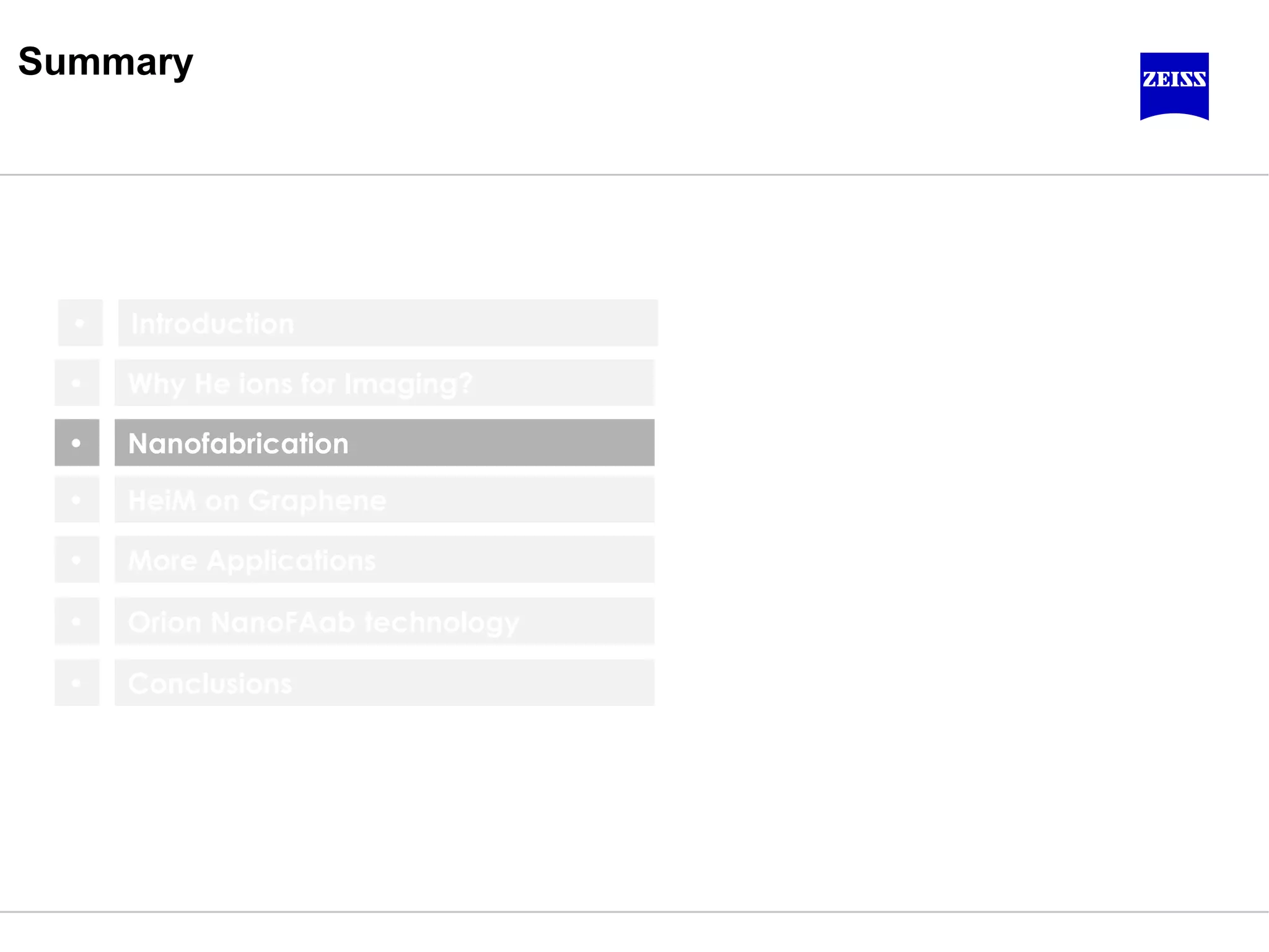 Nanofabrication
Why He ions for Imaging?
HeiM on Graphene
Summary
•
•
•
Orion NanoFAab technology•
Conclusions•
Introduction•
More Applications•
 
