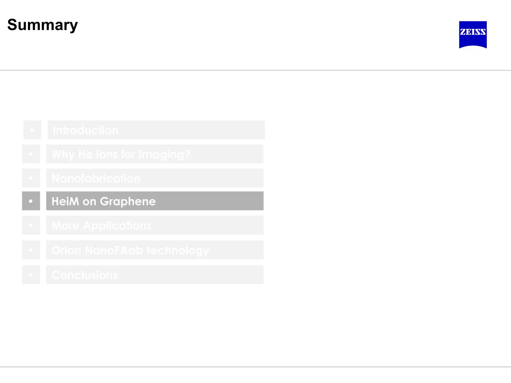 Nanofabrication
Why He ions for Imaging?
HeiM on Graphene
Summary
•
•
•
Orion NanoFAab technology•
Conclusions•
Introduction•
More Applications•
 