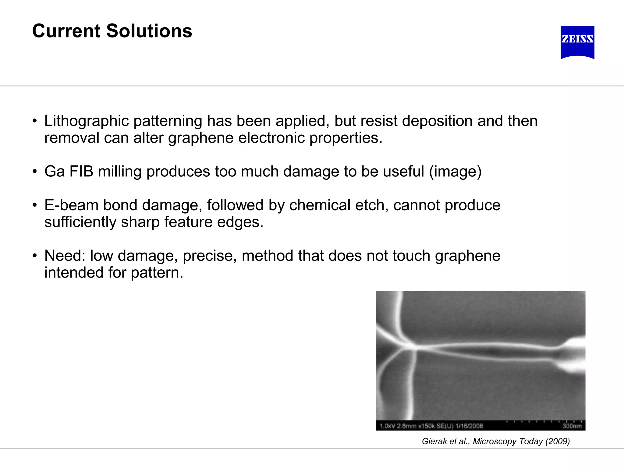 Current Solutions
• Lithographic patterning has been applied, but resist deposition and then
removal can alter graphene electronic properties.
• Ga FIB milling produces too much damage to be useful (image)
• E-beam bond damage, followed by chemical etch, cannot produce
sufficiently sharp feature edges.
• Need: low damage, precise, method that does not touch graphene
intended for pattern.
Gierak et al., Microscopy Today (2009)
 