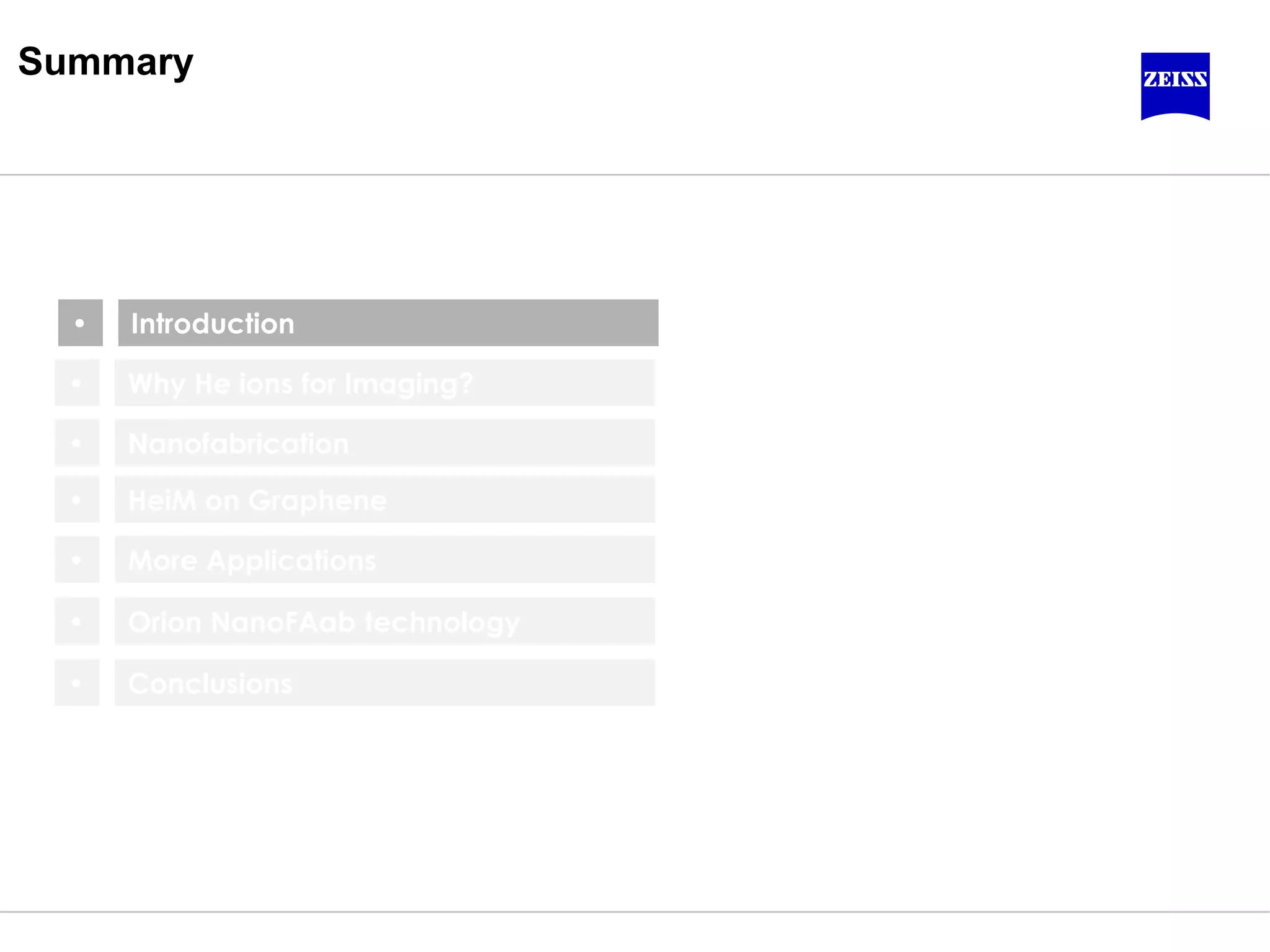 Nanofabrication
Why He ions for Imaging?
HeiM on Graphene
Summary
•
•
•
Orion NanoFAab technology•
Conclusions•
Introduction•
More Applications•
 