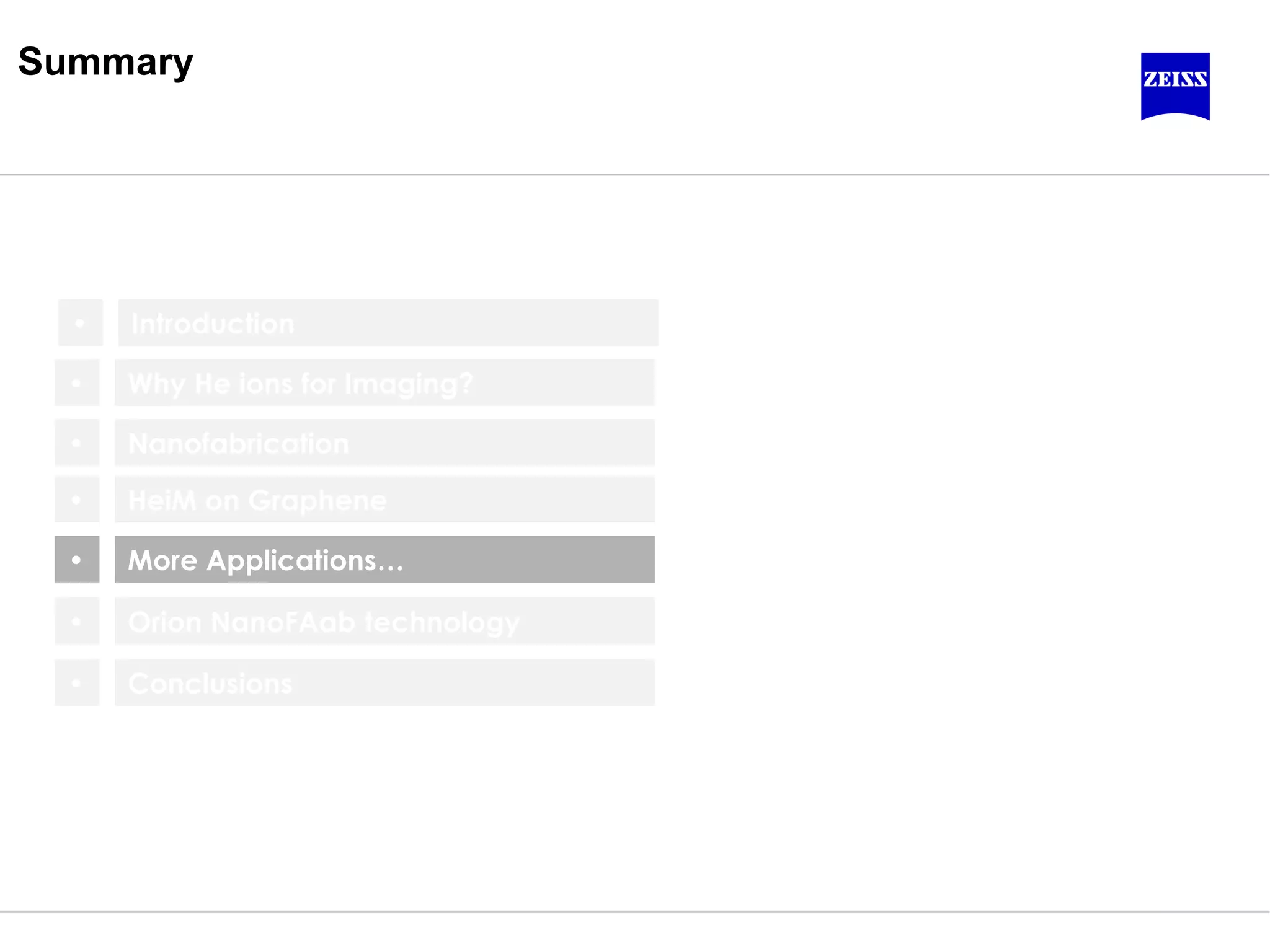Nanofabrication
Why He ions for Imaging?
HeiM on Graphene
Summary
•
•
•
Orion NanoFAab technology•
Conclusions•
Introduction•
More Applications…•
 