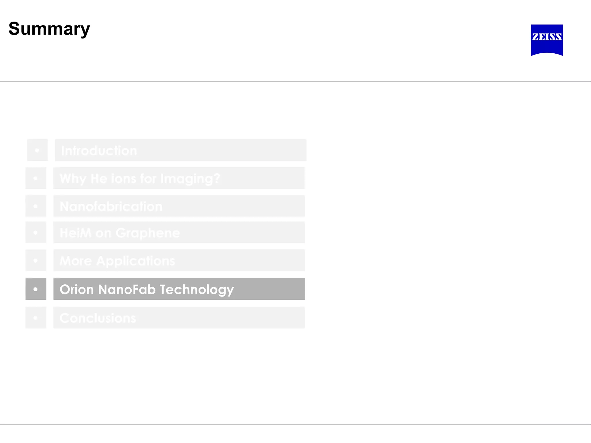 Nanofabrication
Why He ions for Imaging?
HeiM on Graphene
Summary
•
•
•
Orion NanoFab Technology•
Conclusions•
Introduction•
More Applications•
 