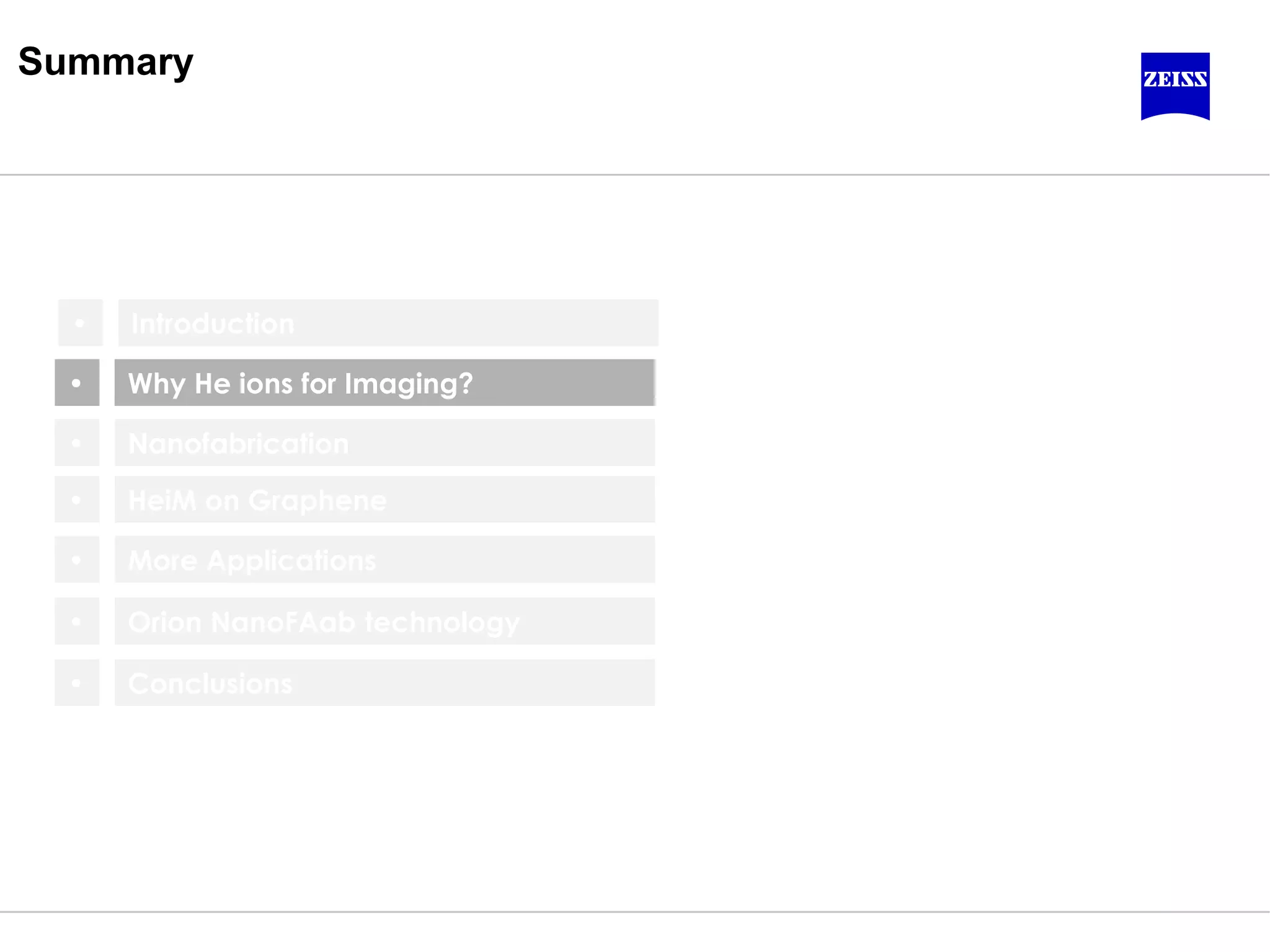 Nanofabrication
Why He ions for Imaging?
HeiM on Graphene
Summary
•
•
•
Orion NanoFAab technology•
Conclusions•
Introduction•
More Applications•
 