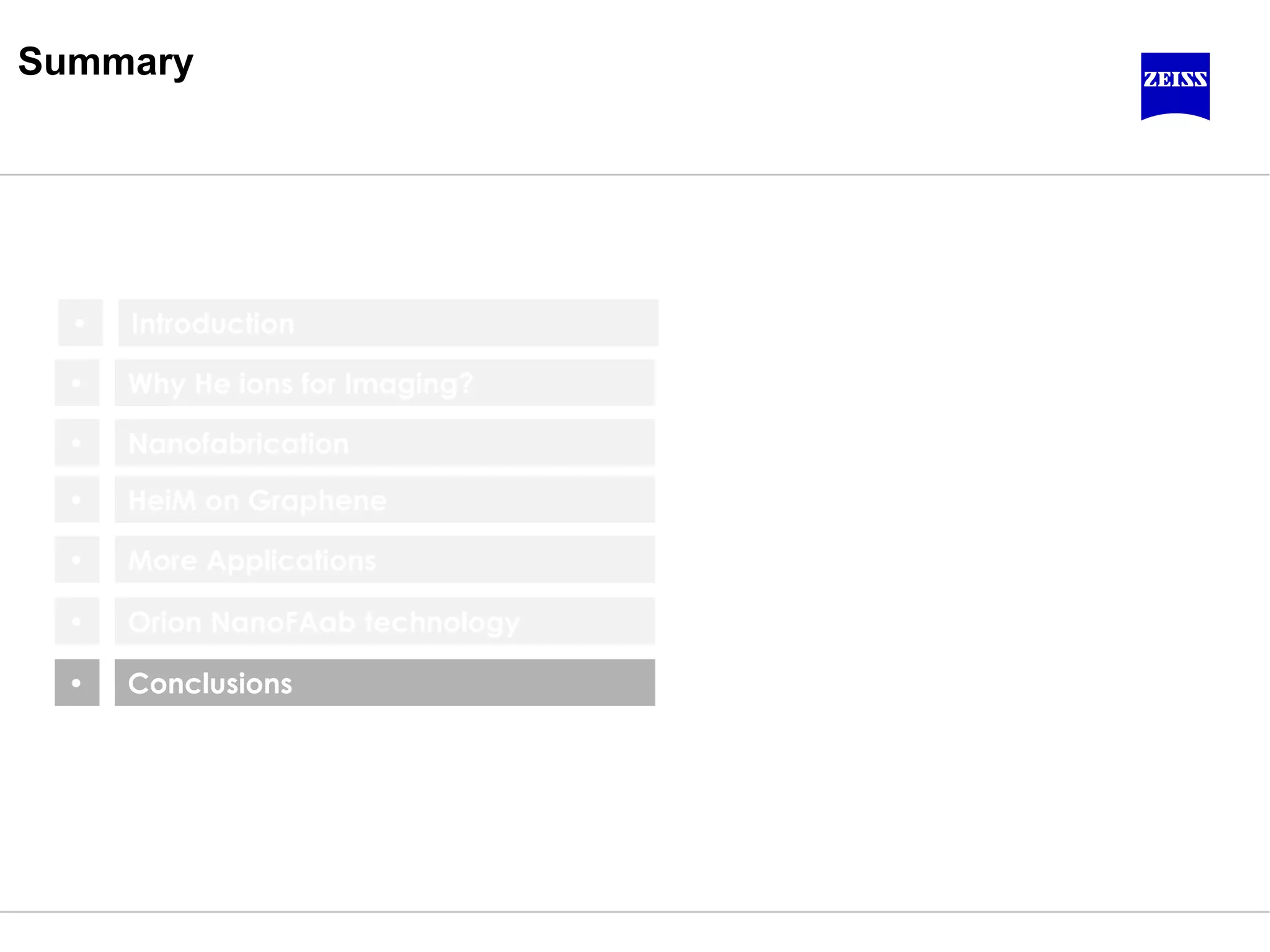 Nanofabrication
Why He ions for Imaging?
HeiM on Graphene
Summary
•
•
•
Orion NanoFAab technology•
Conclusions•
Introduction•
More Applications•
 