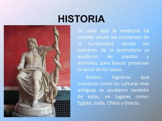 HISTORIASe sabe que la medicina ha    existido desde los comienzos de la humanidad, donde los hombres de la prehistoria se ayudaron de plantas y animales, para buscar preservar la salud de los suyos.        Existen registros que muestran como las culturas mas antiguas se ayudaron también de estas, en lugares como: Egipto, India, China y Grecia.