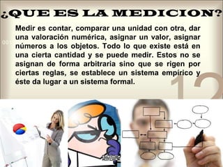 Aprender los métodos de medición.¿QUE ES LA MEDICION?Medir es contar, comparar una unidad con otra, dar una valoración numérica, asignar un valor, asignar números a los objetos. Todo lo que existe está en una cierta cantidad y se puede medir. Estos no se asignan de forma arbitraria sino que se rigen por ciertas reglas, se establece un sistema empírico y éste da lugar a un sistema formal.