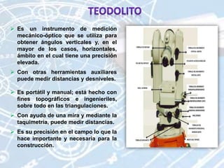  Es un instrumento de medición
mecánico-óptico que se utiliza para
obtener ángulos verticales y, en el
mayor de los casos, horizontales,
ámbito en el cual tiene una precisión
elevada.
 Con otras herramientas auxiliares
puede medir distancias y desniveles.
 Es portátil y manual; está hecho con
fines topográficos e ingenieriles,
sobre todo en las triangulaciones.
 Con ayuda de una mira y mediante la
taquimetría, puede medir distancias.
 Es su precisión en el campo lo que la
hace importante y necesaria para la
construcción.
 
